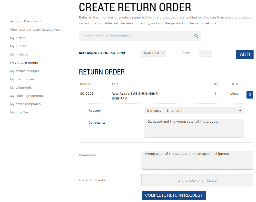 Return order. Return request. Return query. Request Return Receipt.